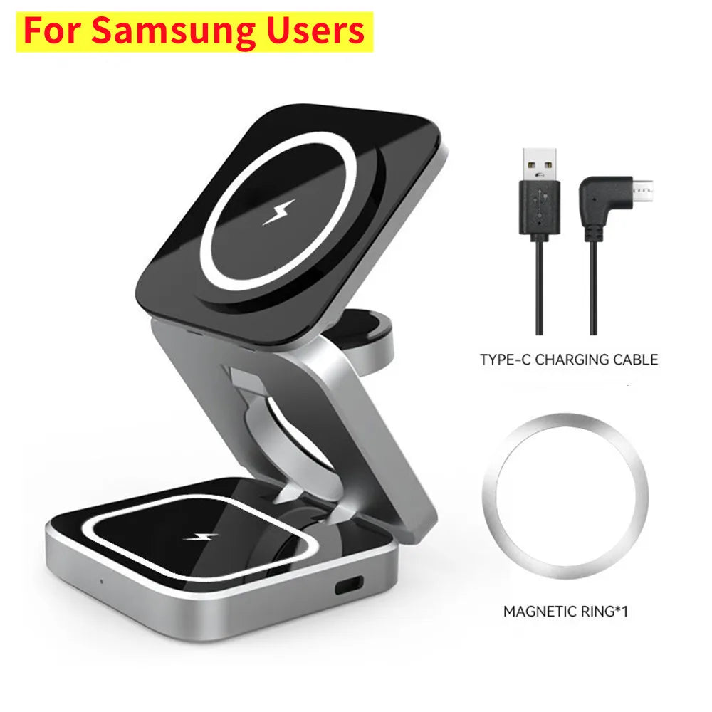 Foldable Magnetic Wireless Charger Stand For iPhone 15 14 13 Samsung 3 in 1 Fast Charging Dock Station For Apple Watch 8 Airpods