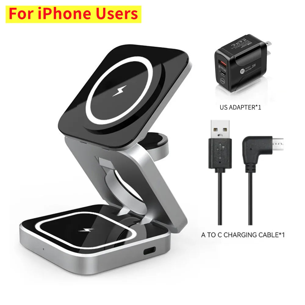 Foldable Magnetic Wireless Charger Stand For iPhone 15 14 13 Samsung 3 in 1 Fast Charging Dock Station For Apple Watch 8 Airpods