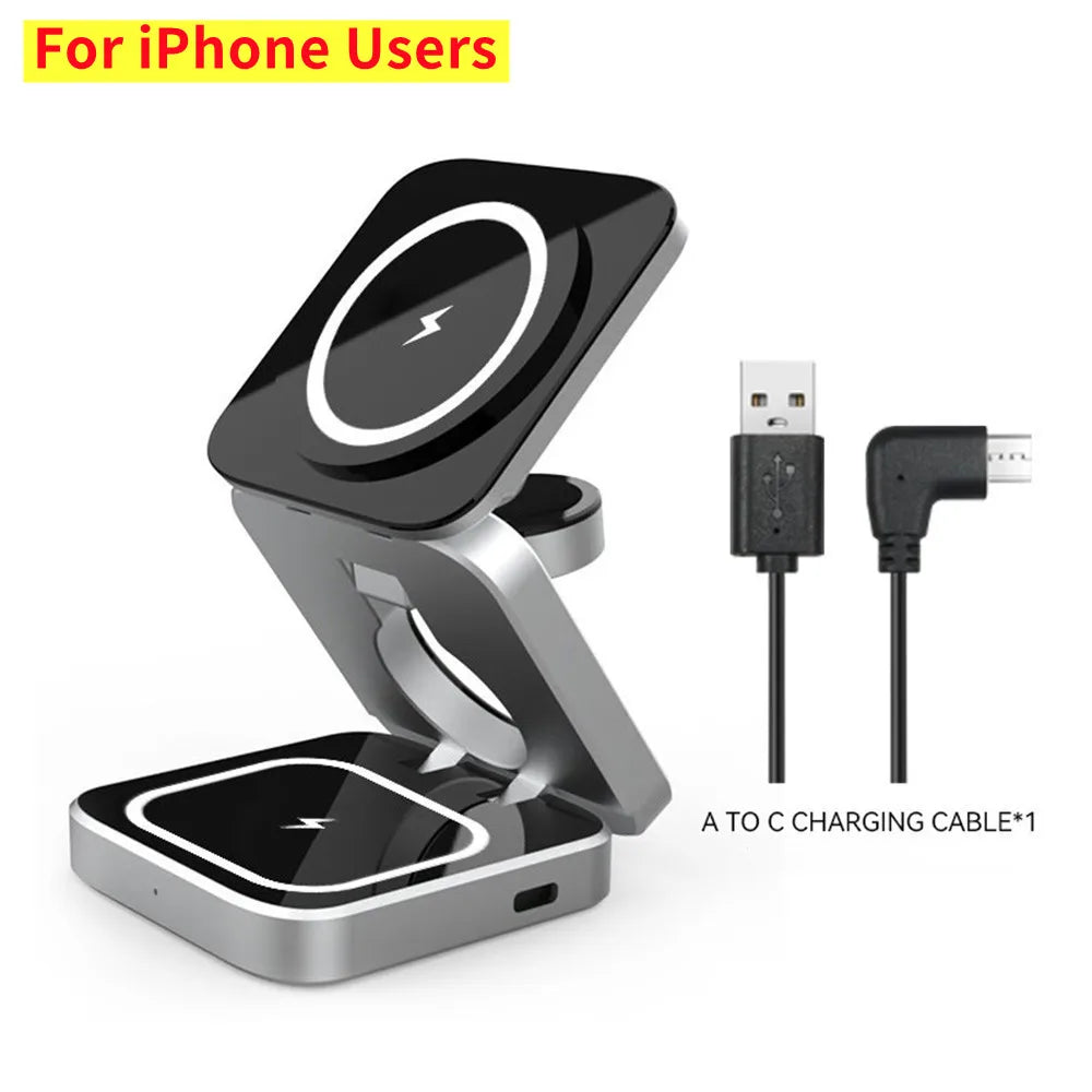 Foldable Magnetic Wireless Charger Stand For iPhone 15 14 13 Samsung 3 in 1 Fast Charging Dock Station For Apple Watch 8 Airpods