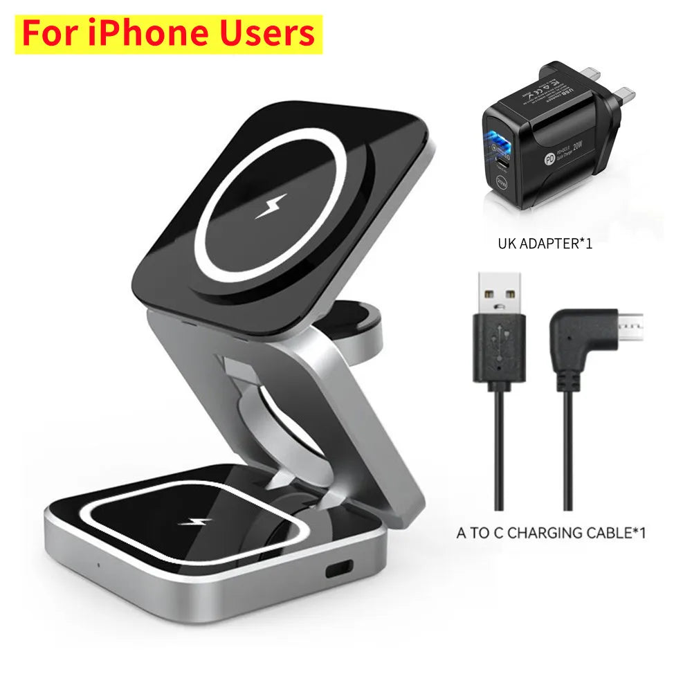 Foldable Magnetic Wireless Charger Stand For iPhone 15 14 13 Samsung 3 in 1 Fast Charging Dock Station For Apple Watch 8 Airpods