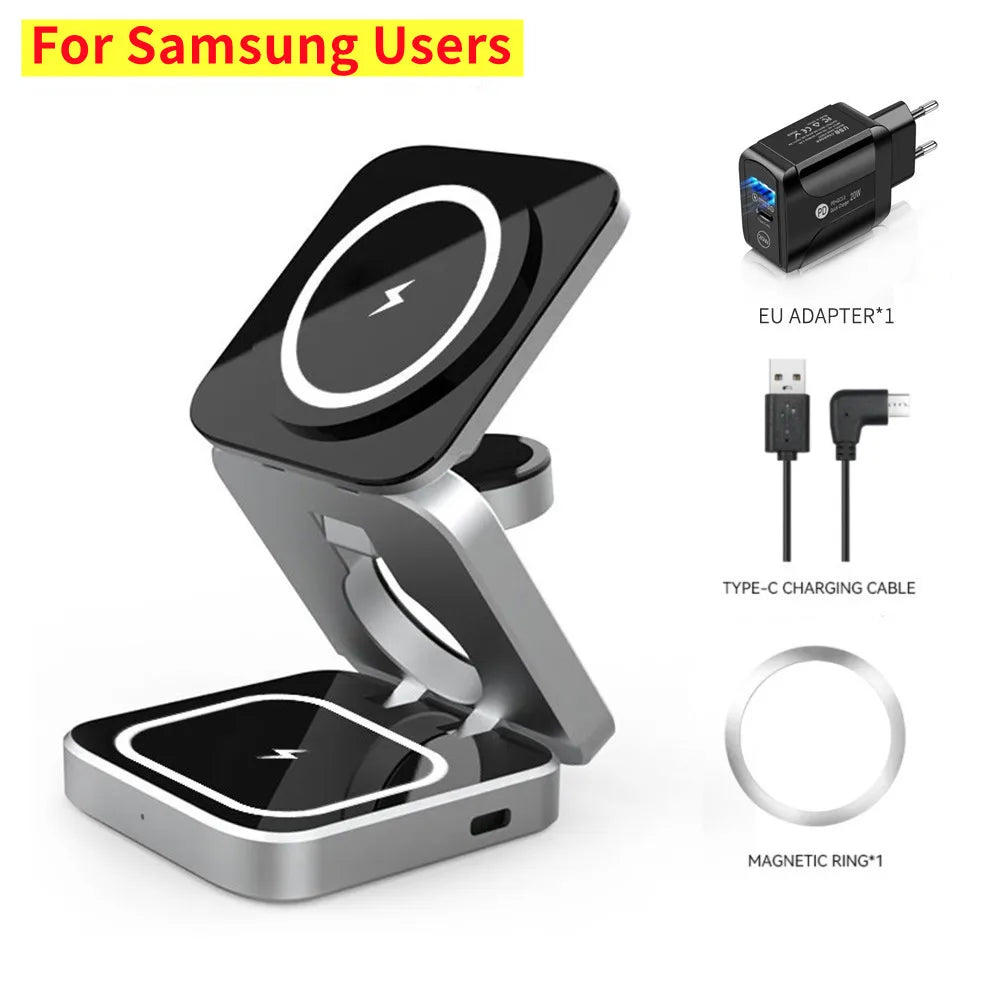 Foldable Magnetic Wireless Charger Stand For iPhone 15 14 13 Samsung 3 in 1 Fast Charging Dock Station For Apple Watch 8 Airpods