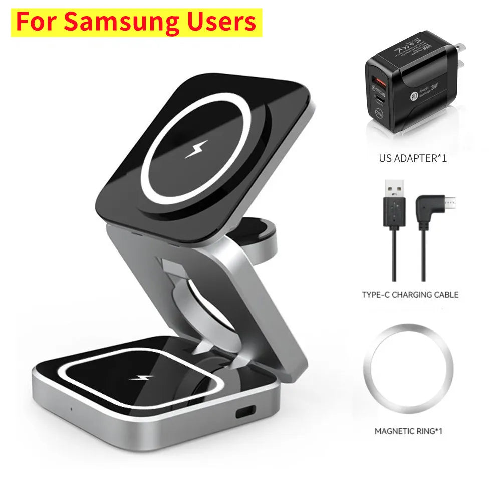 Foldable Magnetic Wireless Charger Stand For iPhone 15 14 13 Samsung 3 in 1 Fast Charging Dock Station For Apple Watch 8 Airpods