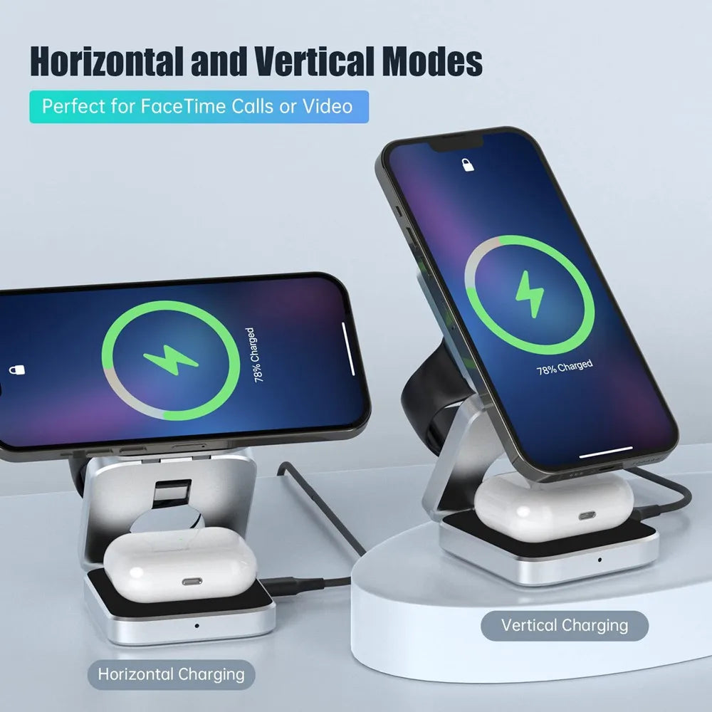 Foldable Magnetic Wireless Charger Stand For iPhone 15 14 13 Samsung 3 in 1 Fast Charging Dock Station For Apple Watch 8 Airpods