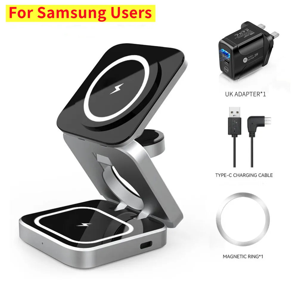 Foldable Magnetic Wireless Charger Stand For iPhone 15 14 13 Samsung 3 in 1 Fast Charging Dock Station For Apple Watch 8 Airpods