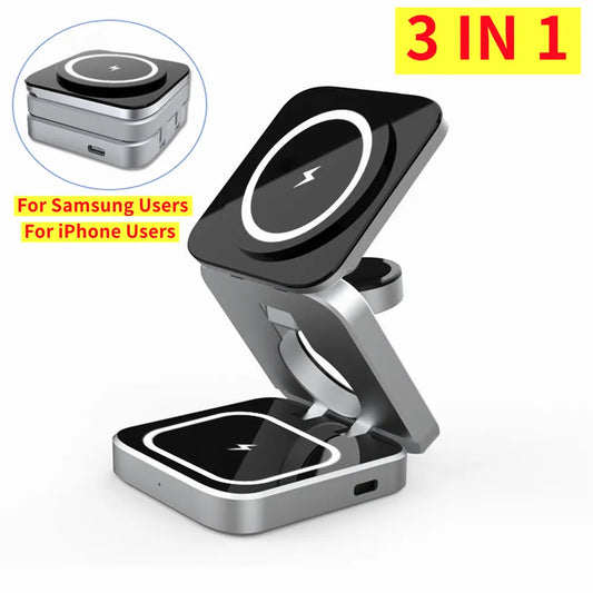 Foldable Magnetic Wireless Charger Stand For iPhone 15 14 13 Samsung 3 in 1 Fast Charging Dock Station For Apple Watch 8 Airpods